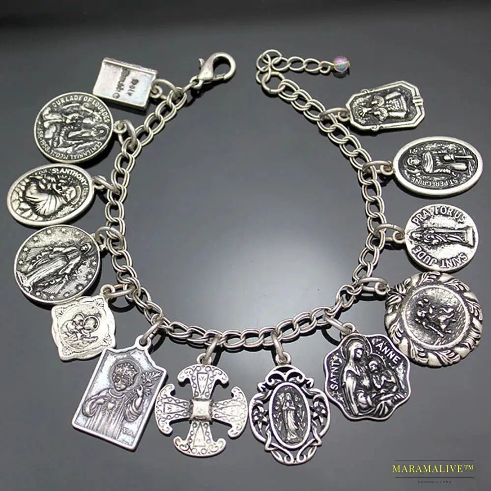 Stunning Vintage Silver Plated Catholic Religious Bracelet - Vibrant Medals Saints Cross Pendant Bangle