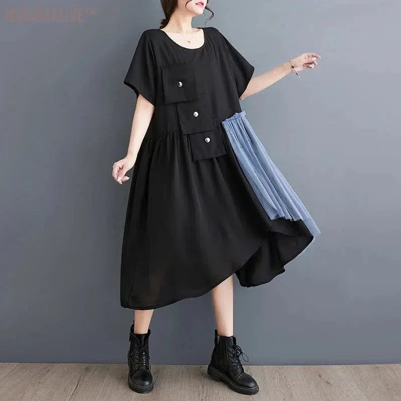 Styling Gauze Skirt Patchwork Dress Unique Style Casual Black Dress With Mesh Fabric Accents Asymmetrical Summer Midi Dress