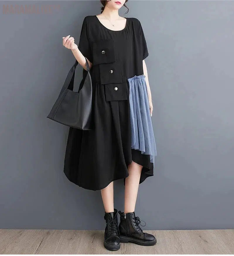 Styling Gauze Skirt Patchwork Dress Unique Style Casual Black Dress With Mesh Fabric Accents Asymmetrical Summer Midi Dress