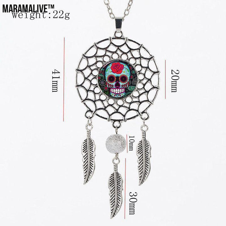 Sugar High Dreamcatcher: Trip the Light Fantastic While You Sleep - Sugar Skull Dreamcatcher Necklace Halloween Jewelry Gift