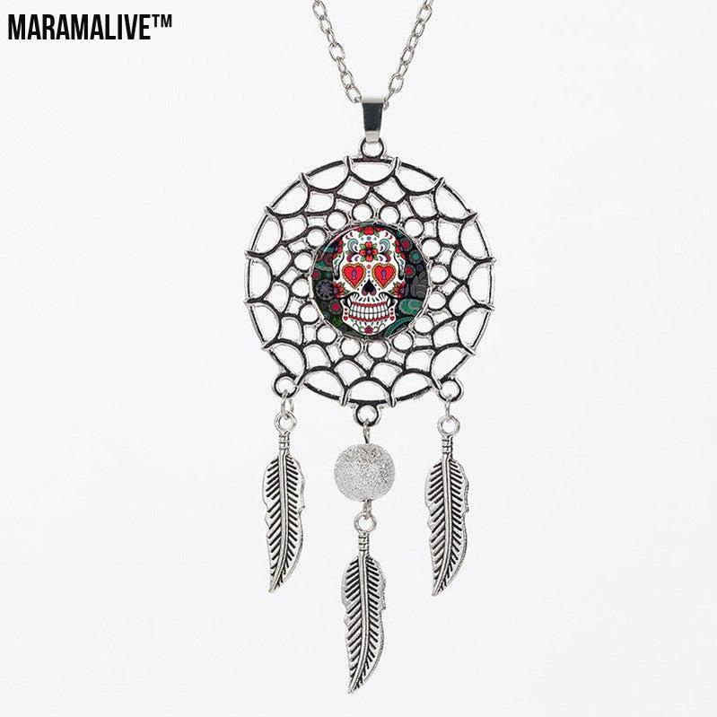 Sugar High Dreamcatcher: Trip the Light Fantastic While You Sleep - Sugar Skull Dreamcatcher Necklace Halloween Jewelry Gift