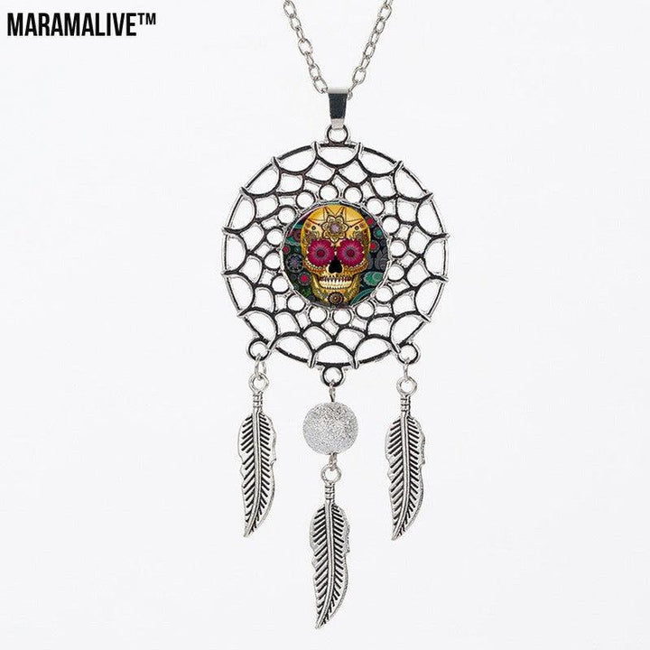 Sugar High Dreamcatcher: Trip the Light Fantastic While You Sleep - Sugar Skull Dreamcatcher Necklace Halloween Jewelry Gift