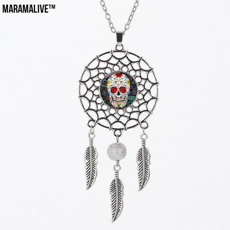 Sugar High Dreamcatcher: Trip the Light Fantastic While You Sleep - Sugar Skull Dreamcatcher Necklace Halloween Jewelry Gift