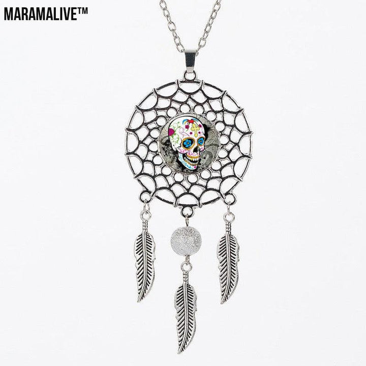 Sugar High Dreamcatcher: Trip the Light Fantastic While You Sleep - Sugar Skull Dreamcatcher Necklace Halloween Jewelry Gift