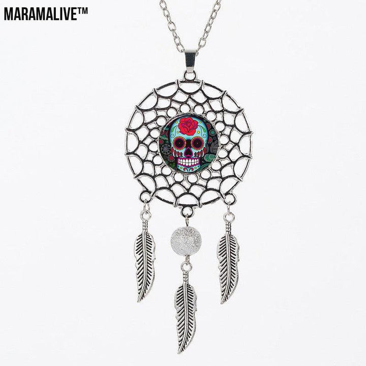 Sugar High Dreamcatcher: Trip the Light Fantastic While You Sleep - Sugar Skull Dreamcatcher Necklace Halloween Jewelry Gift