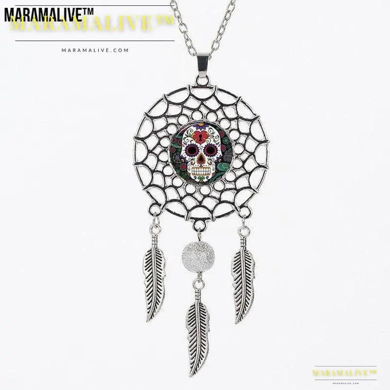 Sugar High Dreamcatcher: Trip the Light Fantastic While You Sleep - Sugar Skull Dreamcatcher Necklace Halloween Jewelry Gift