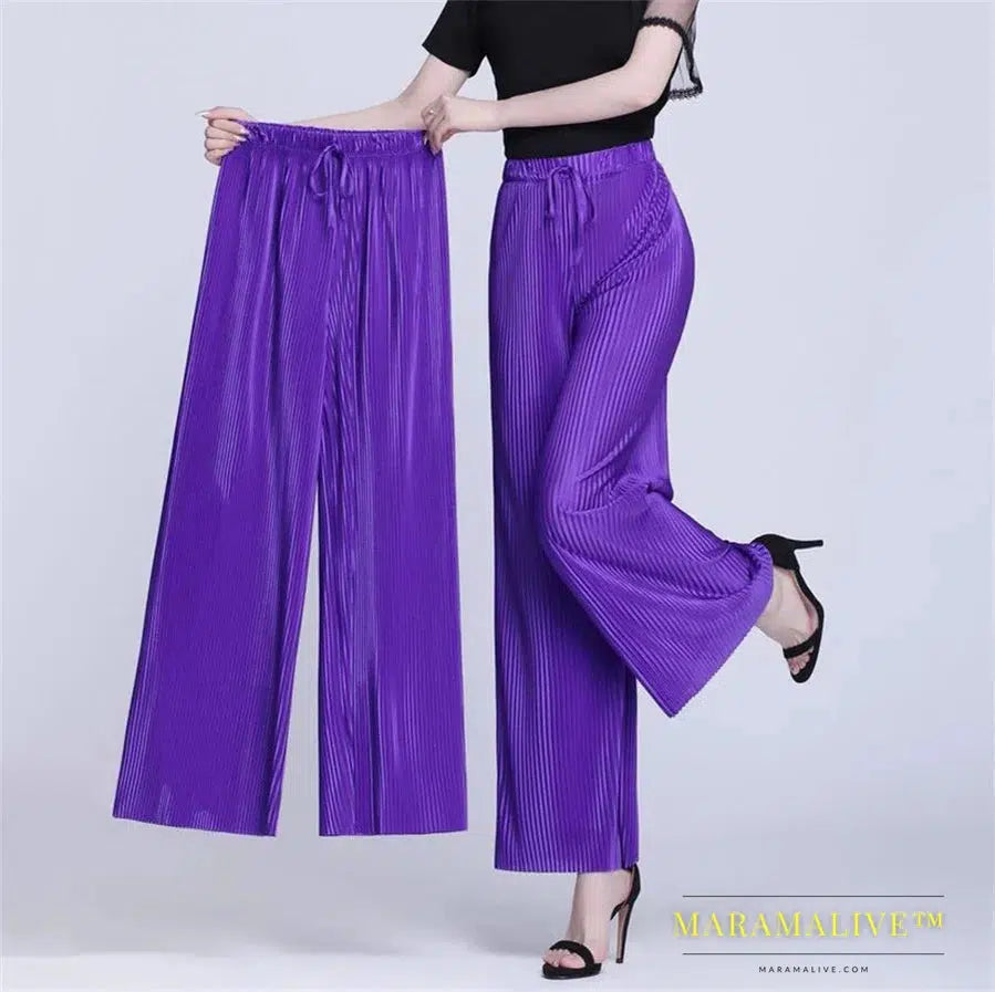 Summer Ankle-length 95cm Wide Leg Pants Oversized 4xl Women Baggy Pantalones Thin Ice Silk Spodnie High Waist Straight Trousers