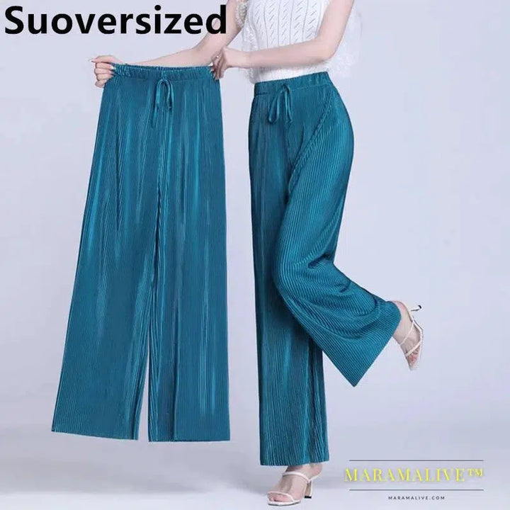 Summer Ankle-length 95cm Wide Leg Pants Oversized 4xl Women Baggy Pantalones Thin Ice Silk Spodnie High Waist Straight Trousers