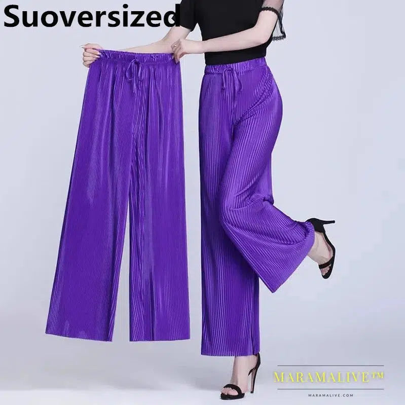 Summer Ankle-length 95cm Wide Leg Pants Oversized 4xl Women Baggy Pantalones Thin Ice Silk Spodnie High Waist Straight Trousers