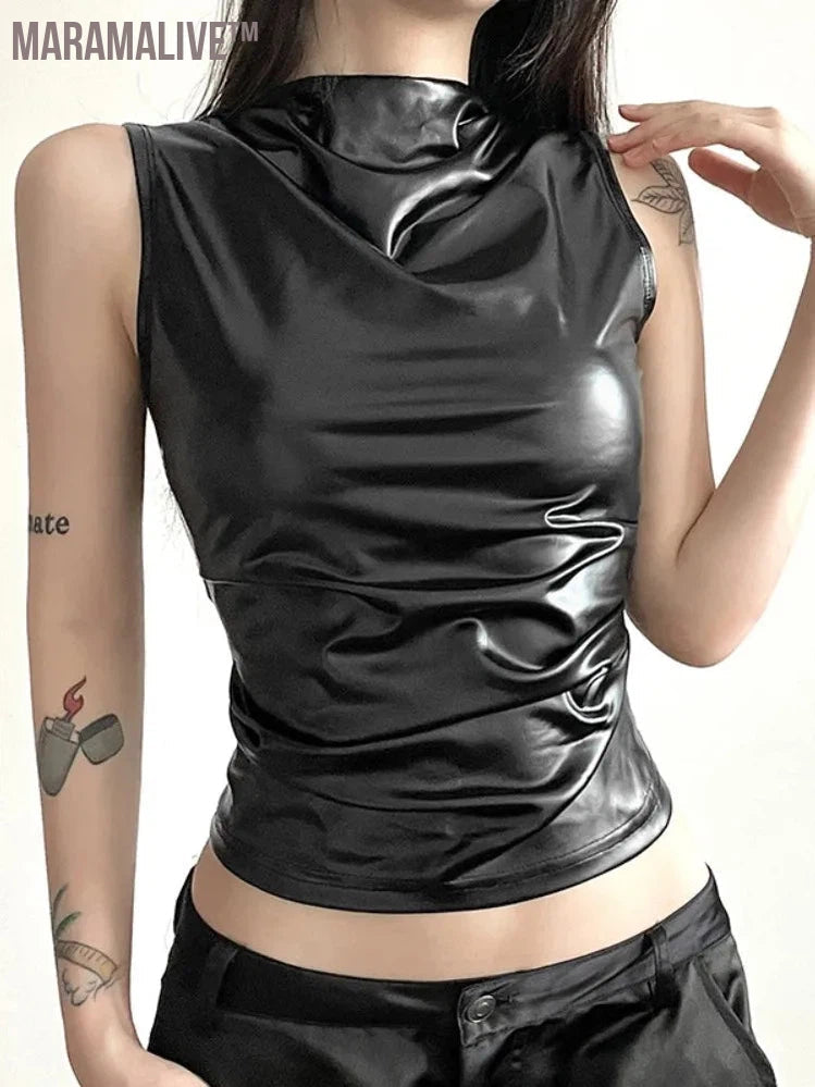 Summer Black Folds Short Crop Top Fashion Streetwear Pullover Shirts For Women Slim Sleeveless O-Neck