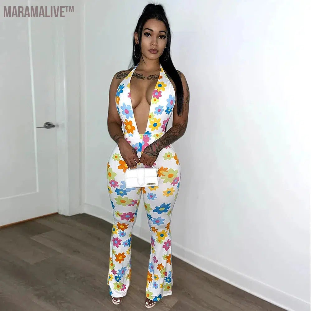 Summer Casual Sexy Deep V White Flower Print Halter Jumpsuit Women Fashion Get Shot Mid-Waist Trousers Flared One Piece Jumpsuit