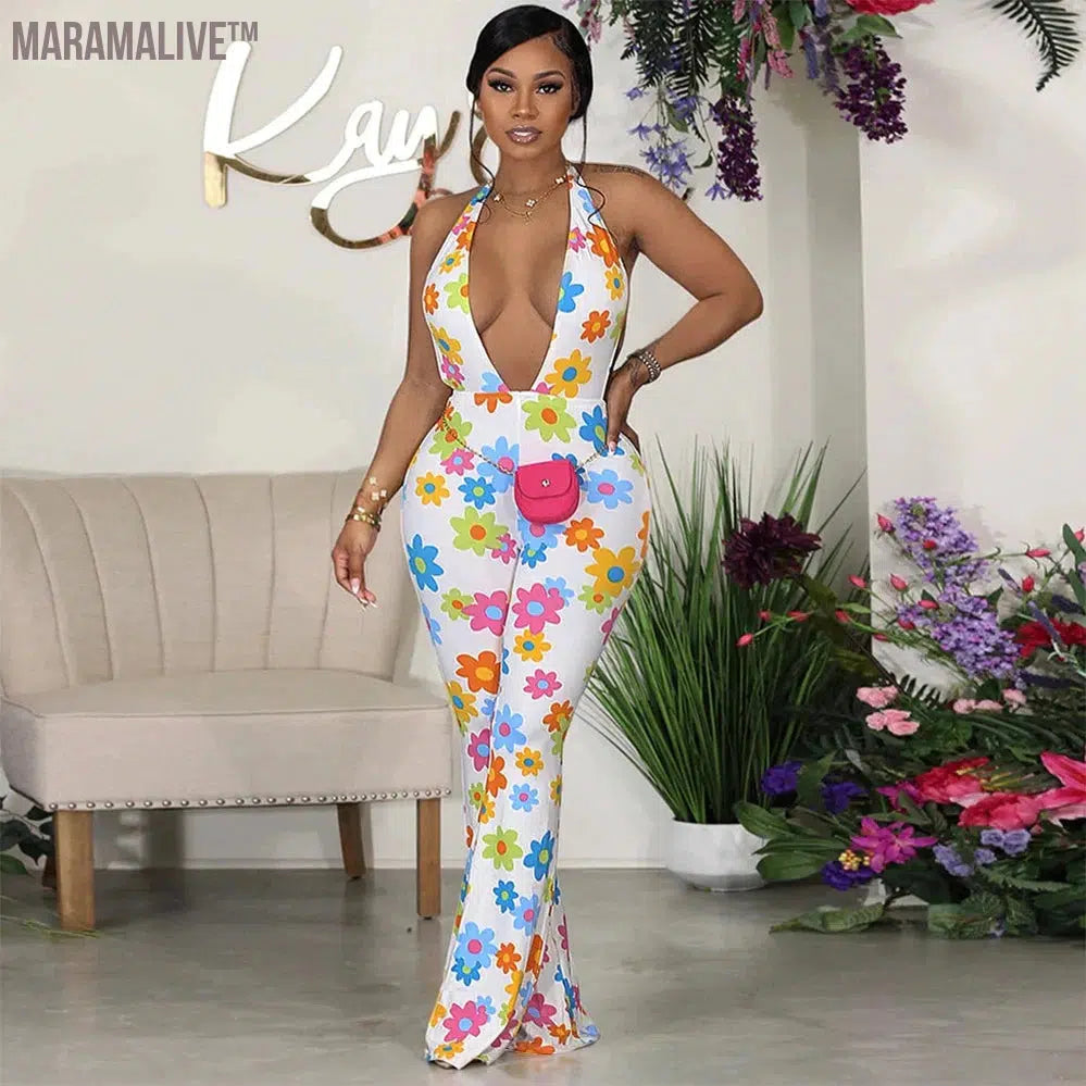 Summer Casual Sexy Deep V White Flower Print Halter Jumpsuit Women Fashion Get Shot Mid-Waist Trousers Flared One Piece Jumpsuit