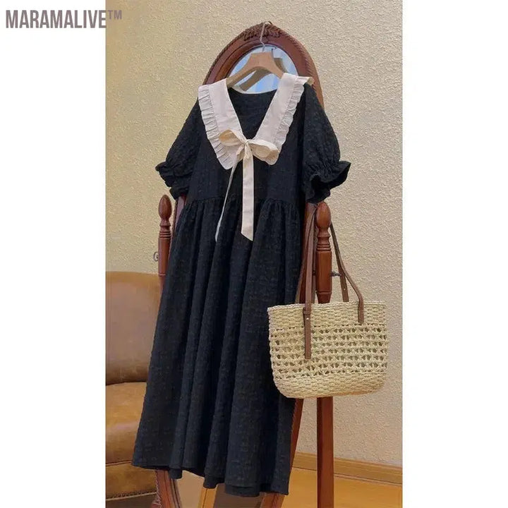 Summer College Style Sweet Cute Doll Collar Women Dress Casual Loose A-line Puff Sleeve Black Long Dresses