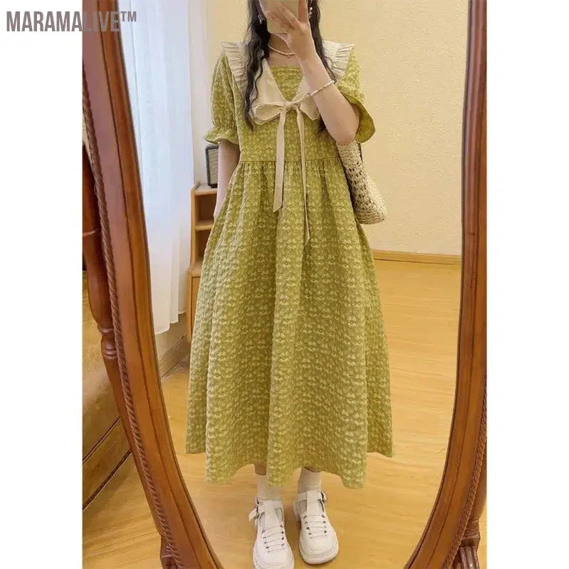 Summer College Style Sweet Cute Doll Collar Women Dress Casual Loose A-line Puff Sleeve Black Long Dresses