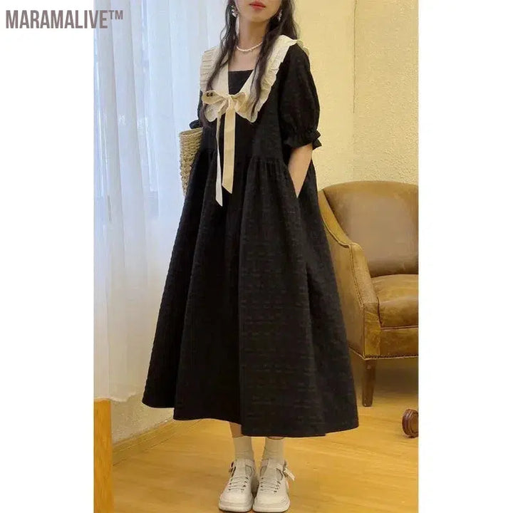 Summer College Style Sweet Cute Doll Collar Women Dress Casual Loose A-line Puff Sleeve Black Long Dresses