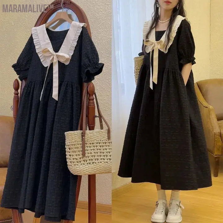 Summer College Style Sweet Cute Doll Collar Women Dress Casual Loose A-line Puff Sleeve Black Long Dresses