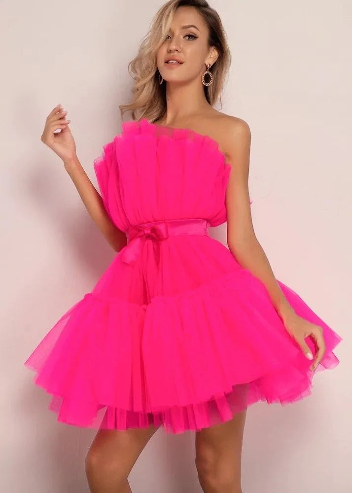 Summer Dress Women Off Shoulder Mesh Backless Tutu Tulle Lolita Pleated Dresses Women Strapless Date Ball Gown Dress Vestidos