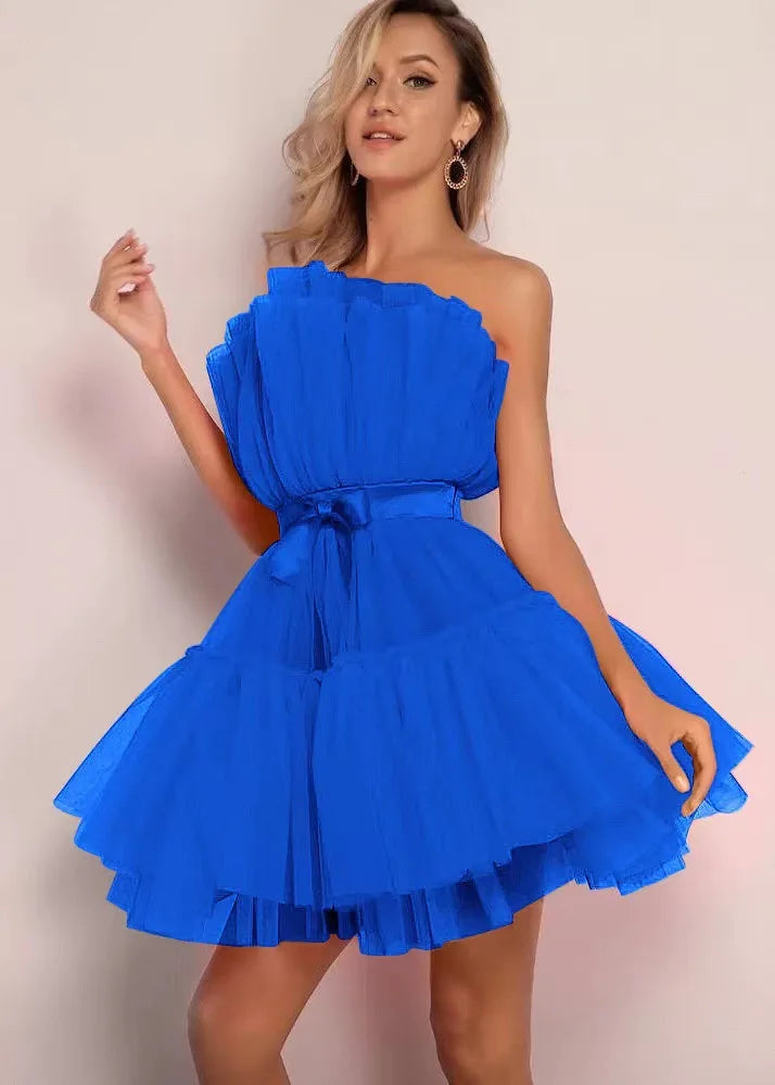 Summer Dress Women Off Shoulder Mesh Backless Tutu Tulle Lolita Pleated Dresses Women Strapless Date Ball Gown Dress Vestidos