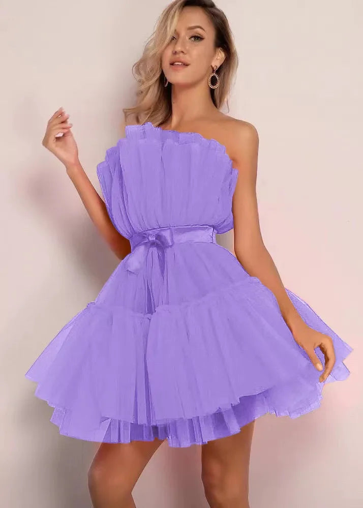 Summer Dress Women Off Shoulder Mesh Backless Tutu Tulle Lolita Pleated Dresses Women Strapless Date Ball Gown Dress Vestidos