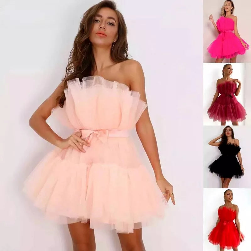 Summer Dress Women Off Shoulder Mesh Backless Tutu Tulle Lolita Pleated Dresses Women Strapless Date Ball Gown Dress Vestidos