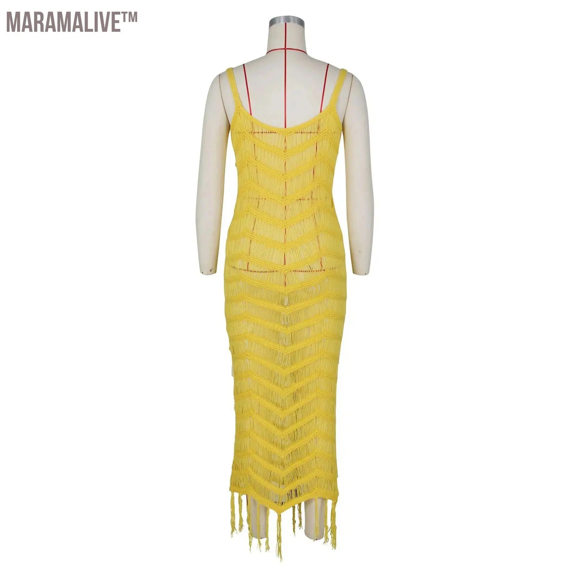 Summer Elegant Ladies Fashion Crochet Hollow Out Dress Solid Color Slim Cut Sexy Knitted Fringe Beach Dresses Bar Nightclub