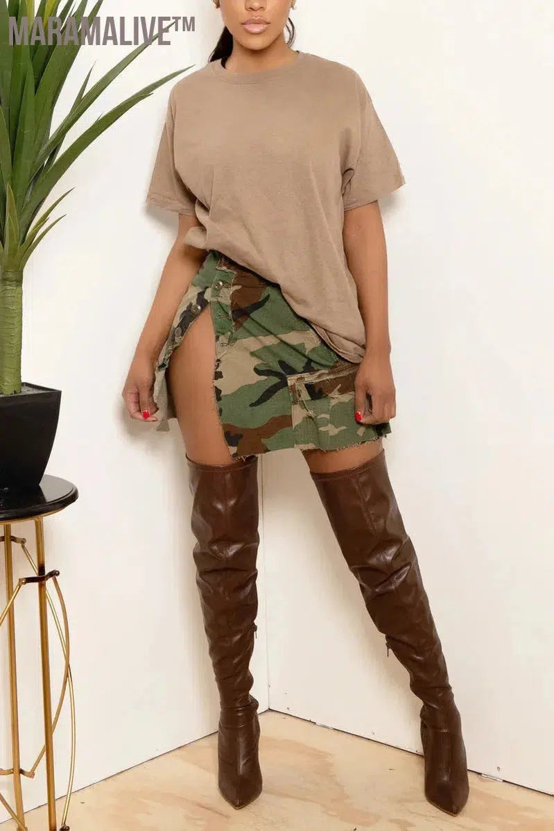 Summer Fashion All Open Slim Fit Sexy Mini Skirts For Ladies Casual Wash Denim Wrap Hip Skirt Trend Camouflage Patch Dresses