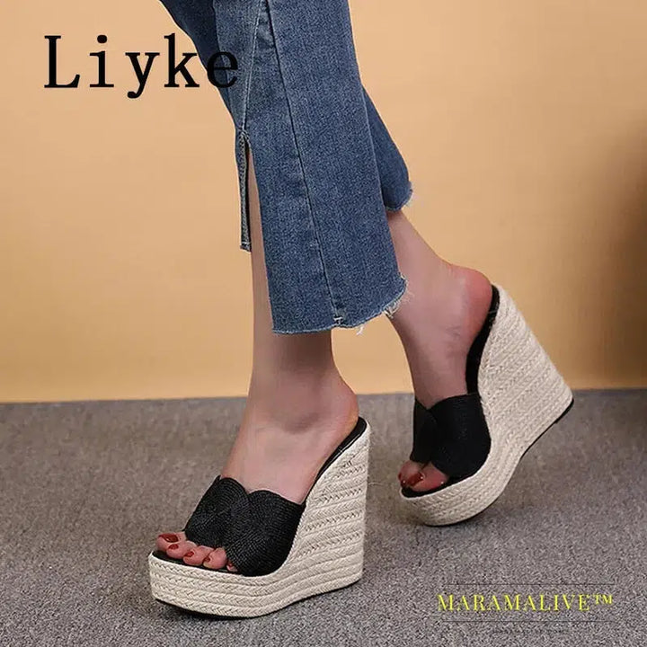 Summer Fashion Open Toe Platform Wedge Slippers Women Handmade Hemp Weave High Heels Sandal Female Mules Slides Shoes