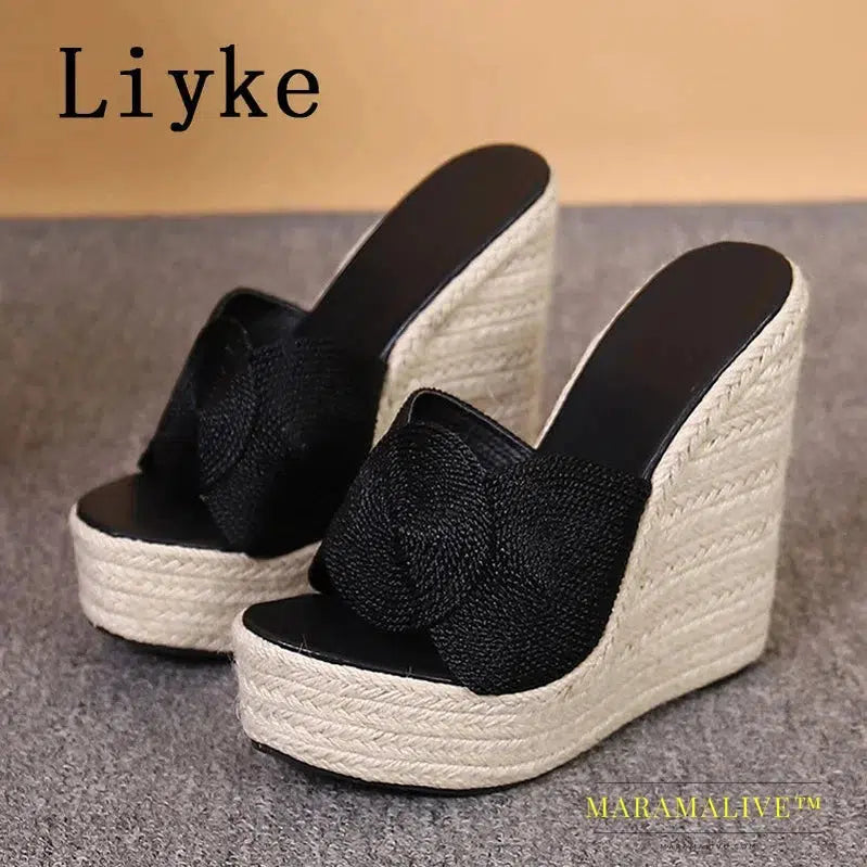 Summer Fashion Open Toe Platform Wedge Slippers Women Handmade Hemp Weave High Heels Sandal Female Mules Slides Shoes