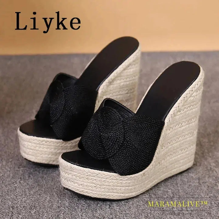 Summer Fashion Open Toe Platform Wedge Slippers Women Handmade Hemp Weave High Heels Sandal Female Mules Slides Shoes