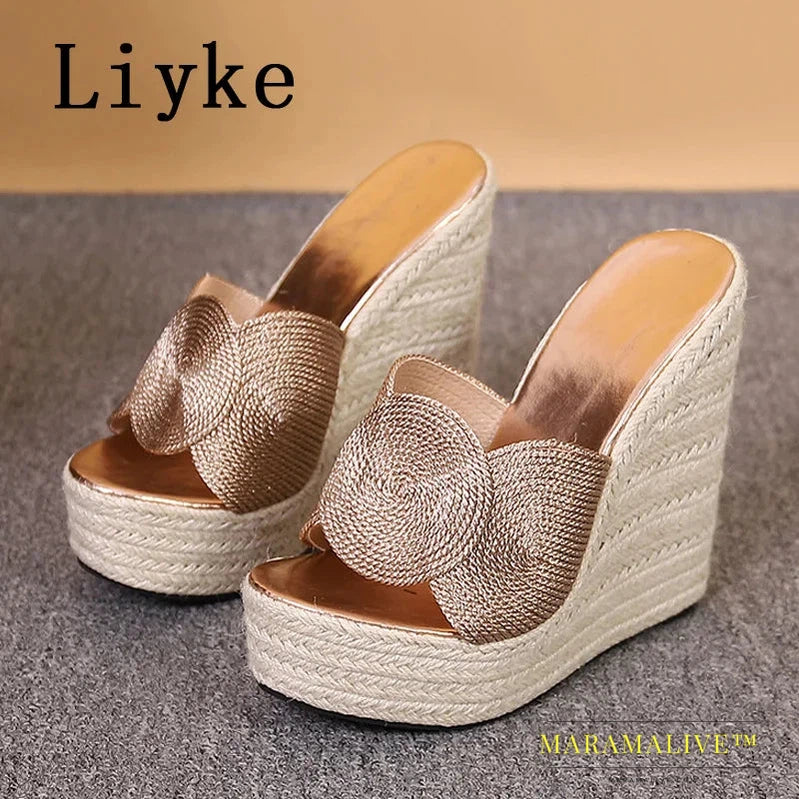 Summer Fashion Open Toe Platform Wedge Slippers Women Handmade Hemp Weave High Heels Sandal Female Mules Slides Shoes