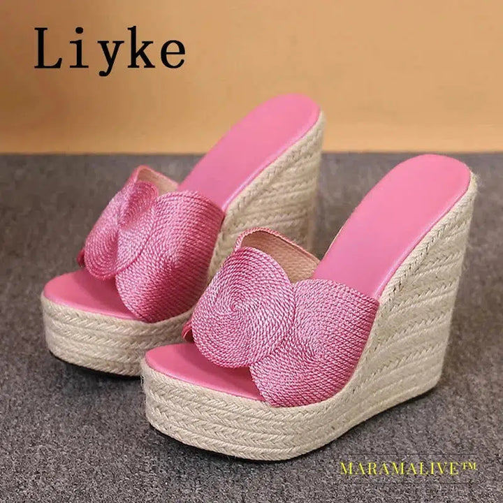 Summer Fashion Open Toe Platform Wedge Slippers Women Handmade Hemp Weave High Heels Sandal Female Mules Slides Shoes