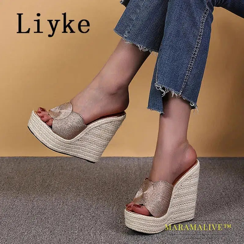 Summer Fashion Open Toe Platform Wedge Slippers Women Handmade Hemp Weave High Heels Sandal Female Mules Slides Shoes