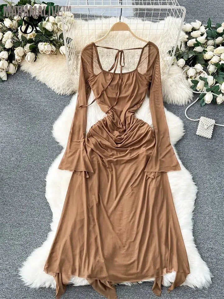 Summer Mesh Split Sexy Dress Ladies Square Neck Sheer Long Sleeves Transparent Ruched Slim Long Party Dress