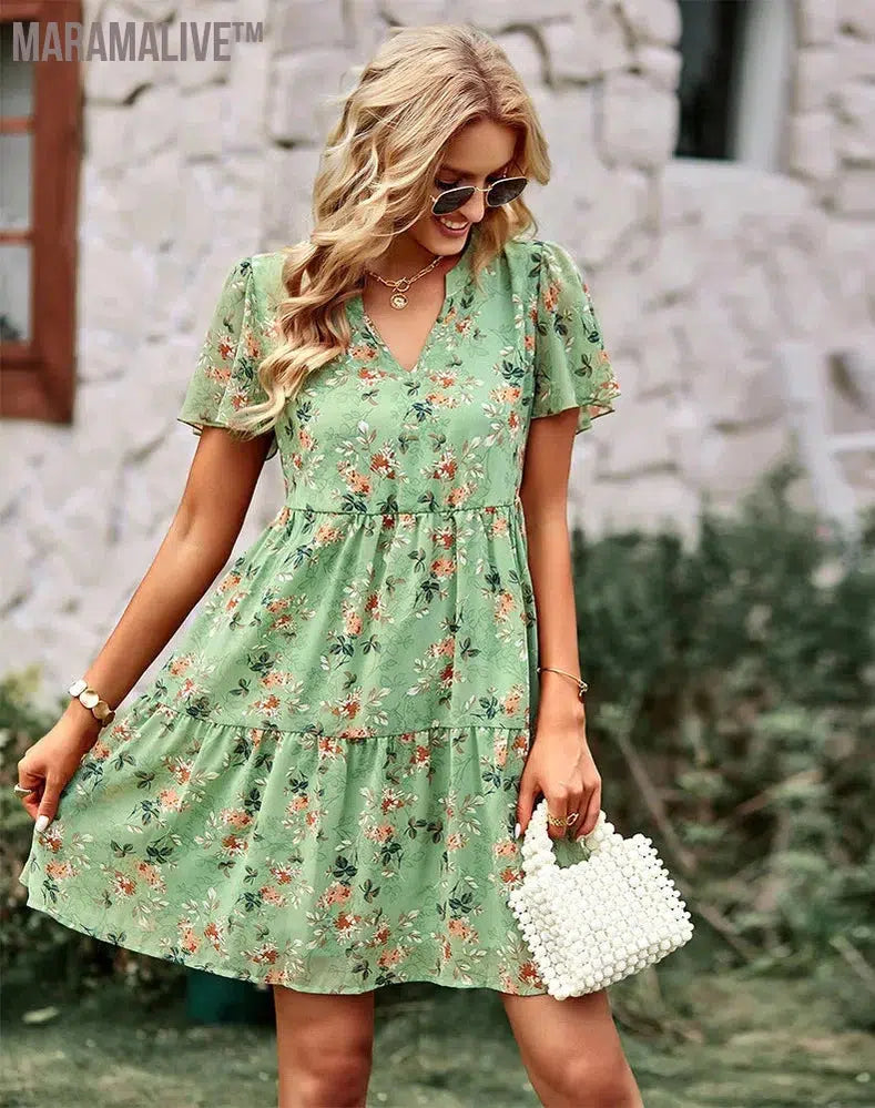 Summer New Fashion Women Floral Printed Dress V Neck Short Sleeve High Waist A-line Dress Vacation Dress Floral Casual Dress