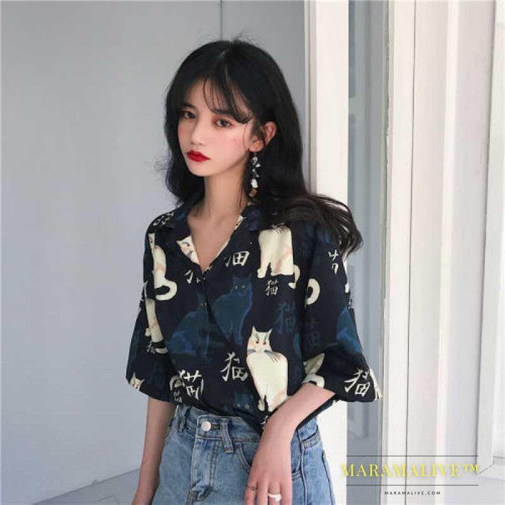 Summer New Weird Girl Short Sleeve Top Retro Loose Student Print Shirt And Sun-proof Clothing