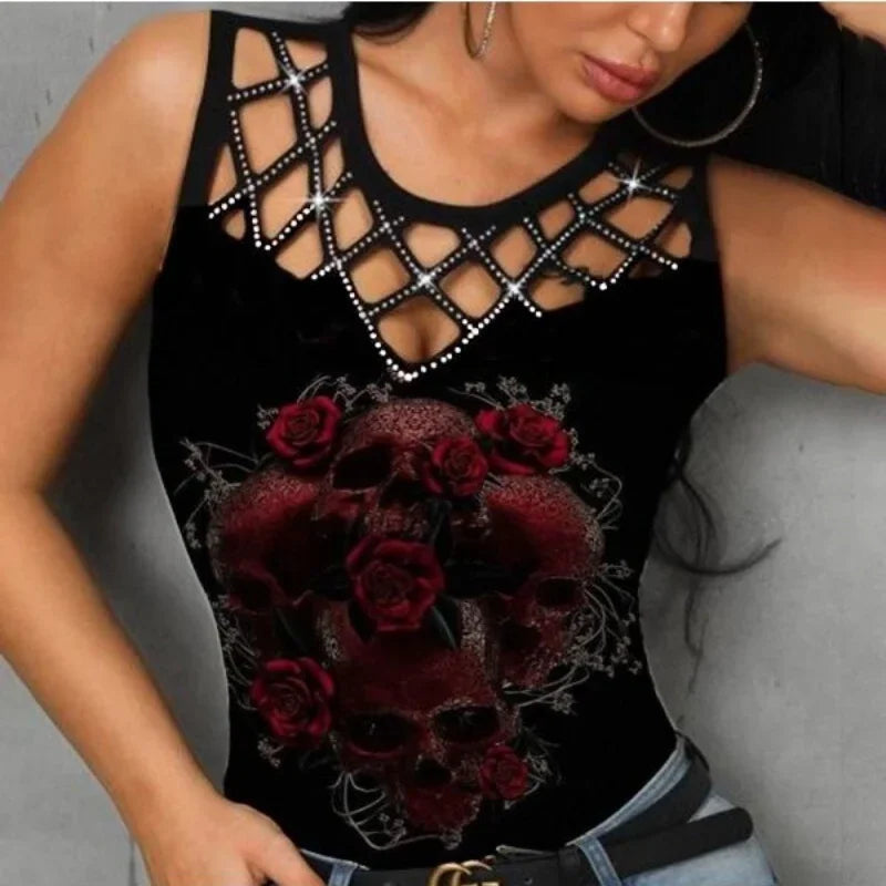 Summer New Women's T-Shirt Camouflage Print Sleeveless Fit Fashion V-Neck Lace Sexy Fashion Casual Women's Clothing