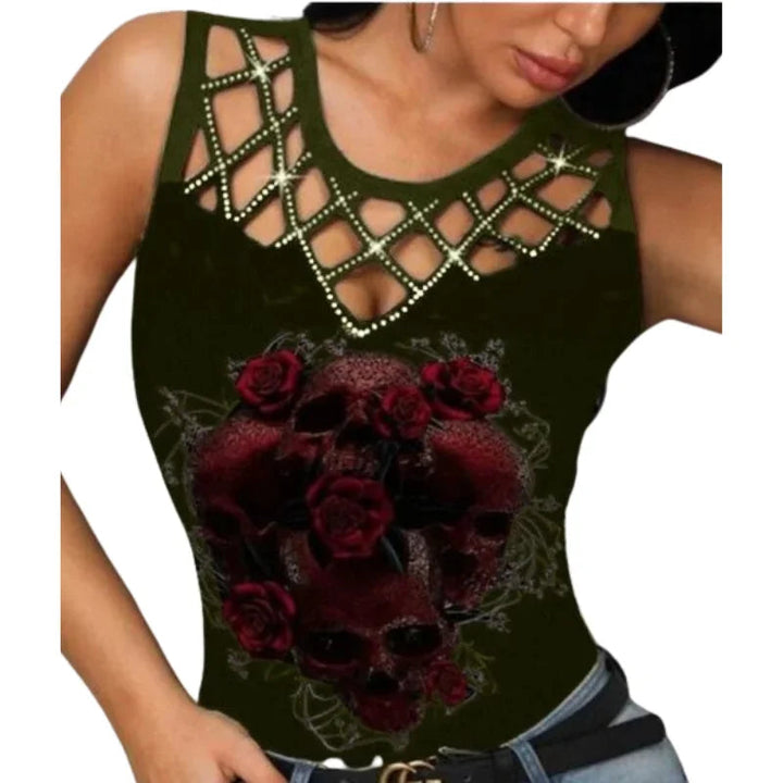 Summer New Women's T-Shirt Camouflage Print Sleeveless Fit Fashion V-Neck Lace Sexy Fashion Casual Women's Clothing