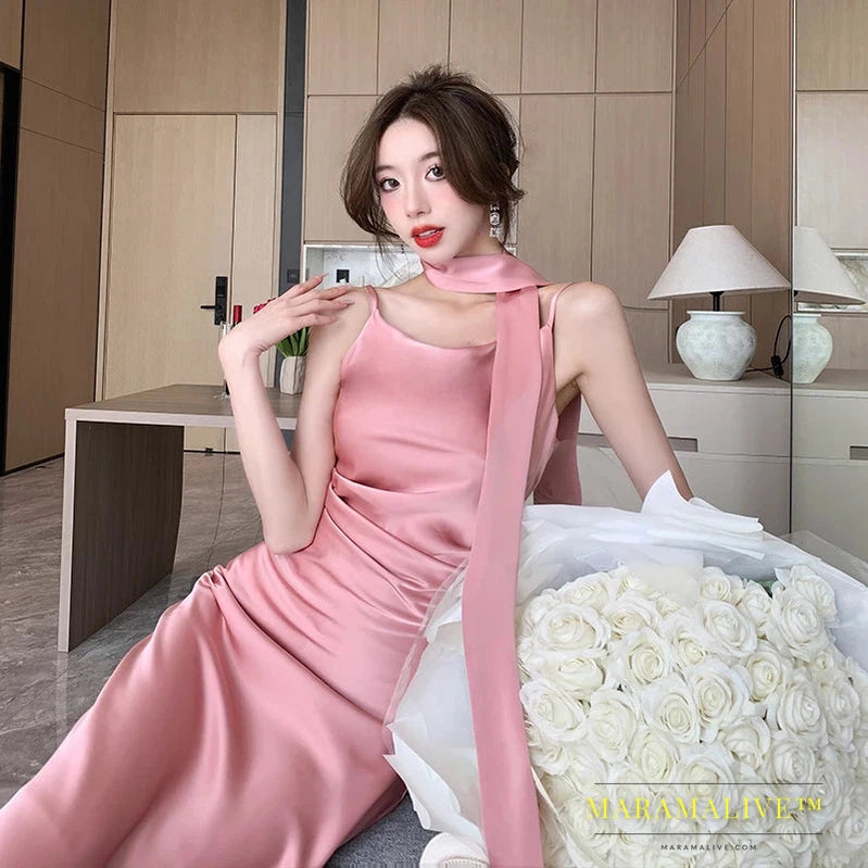 Summer Sexy Backless Satin Midi Dresses for Women 2023 Elegant Party Sleeveless Casual Vintage Robe Female Fashion Prom Clothes