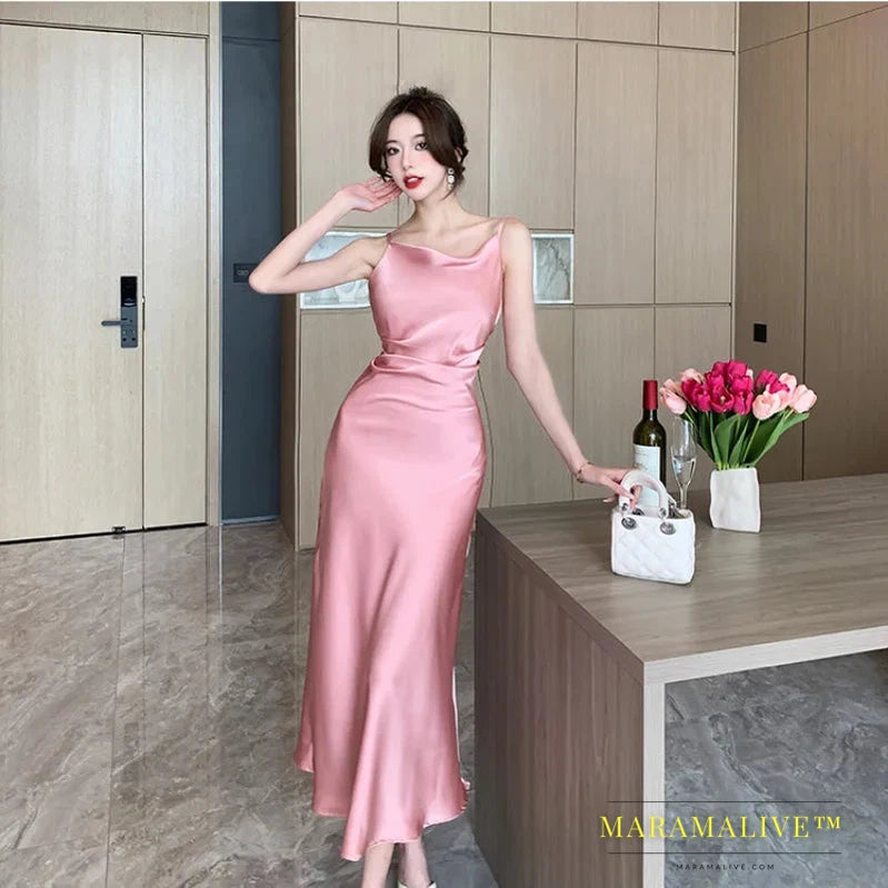 Summer Sexy Backless Satin Midi Dresses for Women 2023 Elegant Party Sleeveless Casual Vintage Robe Female Fashion Prom Clothes