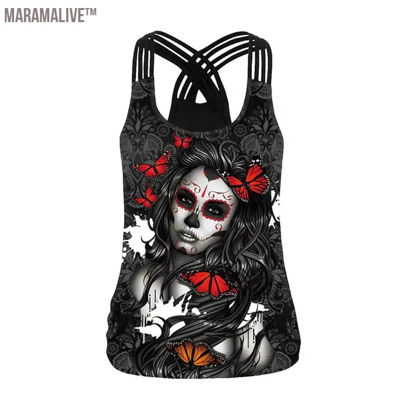 Summer Skull Girl Digital Printed Women's Tank Tops Fantastic Gothic Style Sling Top Sexy Backless Vest