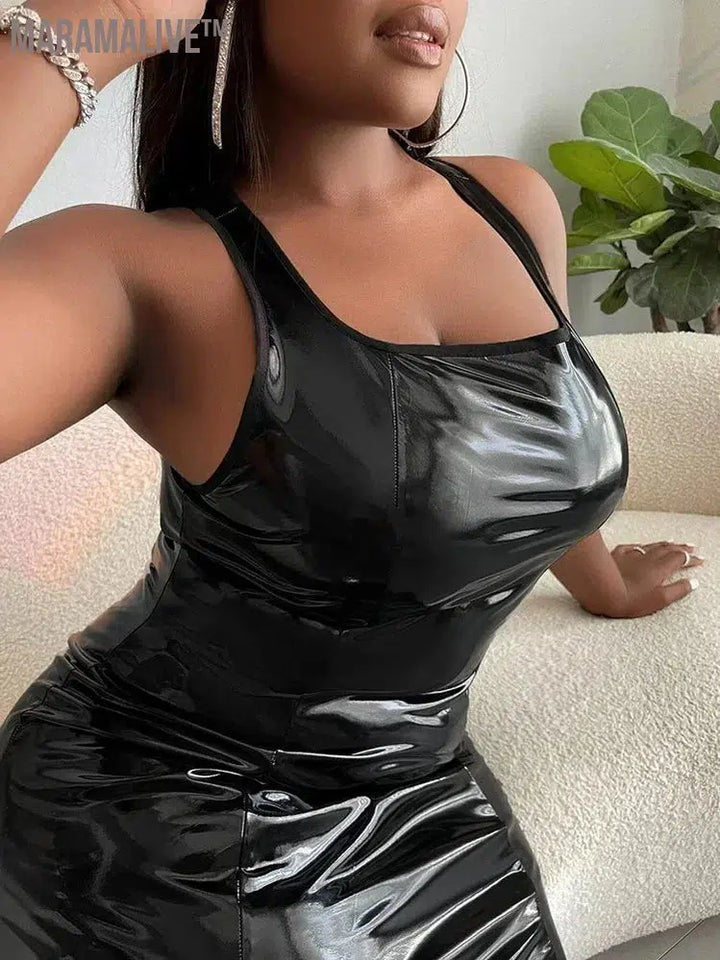 Summer Sleeveless Faux Latex Dress Women Plus Size Sexy PVC Leather Mini Dress Square Collar Ladies Bodycon Pu Dress 6XL 7XL