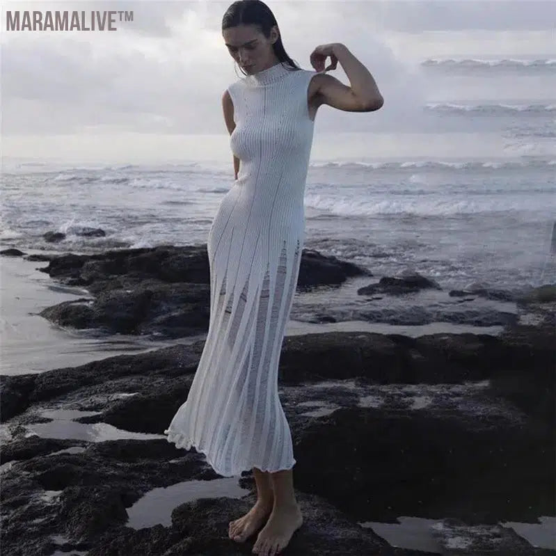 Summer Sleeveless Knitted High Neck High Waist Slim Long Dress Women's Solid Color Perspective Sexy Dresses Elegant Wind