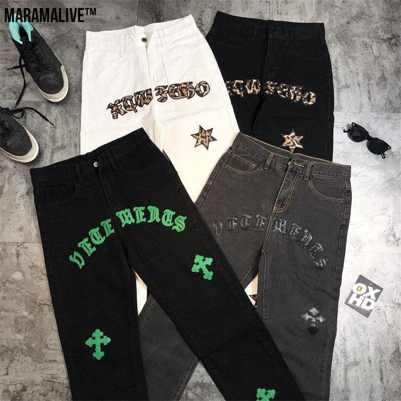 Super High Pants Leather Gothic Letters cross Men's Jeans