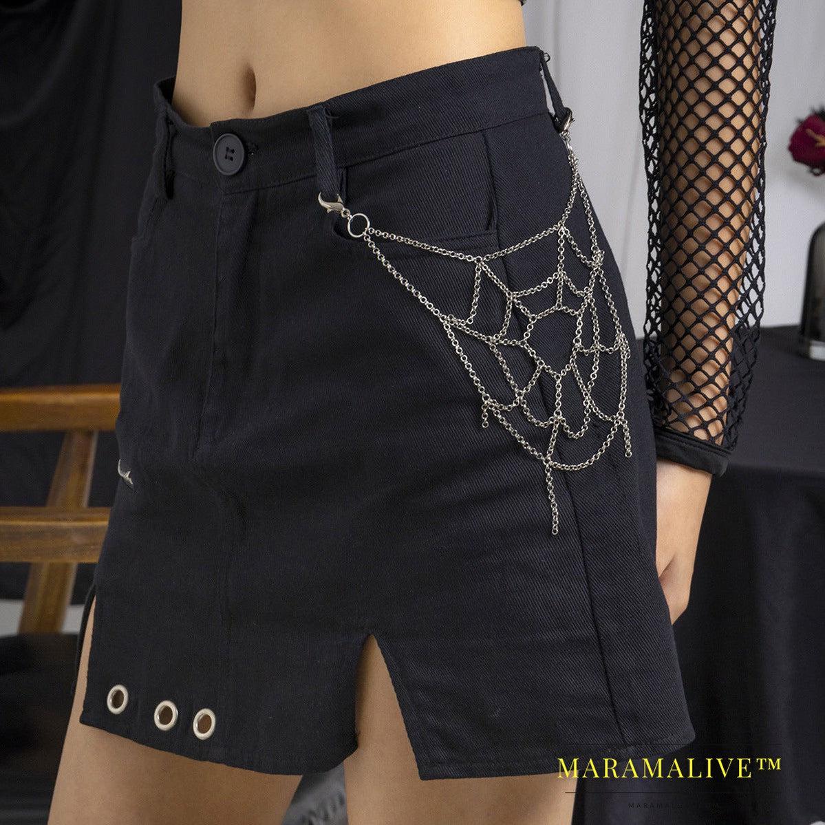 Sweet Cool Hot Girl Style Chain Body Clothing Chain Gothic Style Punk Spider Mesh Pants Zipper