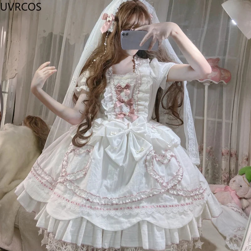 Sweet Wedding Party Lolita Dress Victorian Women Vintage Bow Ruffles Flowers Kawaii Princess Dresses Elegant White Lolita Dress