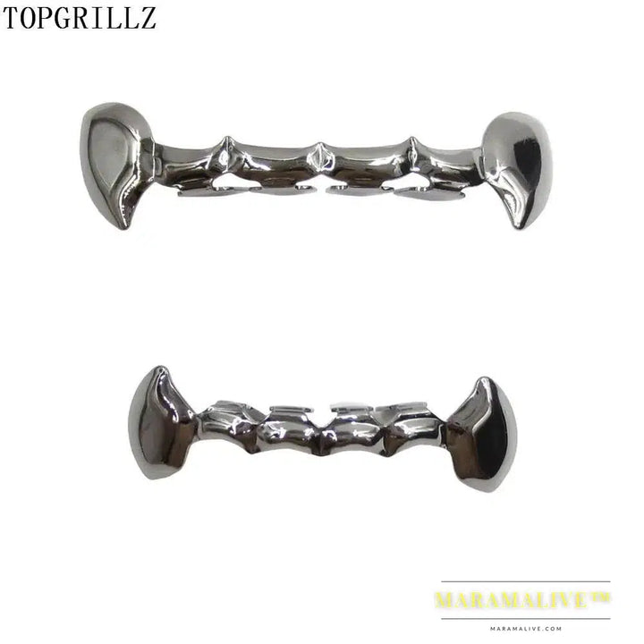 TOPGRILLZ Fang Grillz Set Gold Color Plated Half Teeth Dracula Vampire Fangs Slim Grills Gold Top & Bottom Grillz Teeth Set