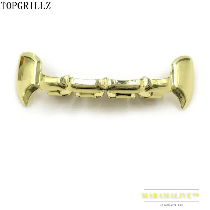 TOPGRILLZ Fang Grillz Set Gold Color Plated Half Teeth Dracula Vampire Fangs Slim Grills Gold Top & Bottom Grillz Teeth Set