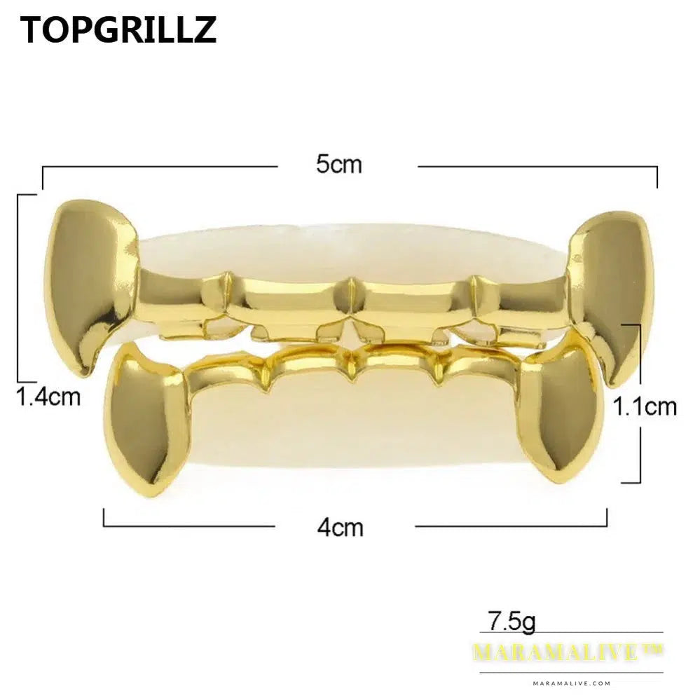 TOPGRILLZ Fang Grillz Set Gold Color Plated Half Teeth Dracula Vampire Fangs Slim Grills Gold Top & Bottom Grillz Teeth Set