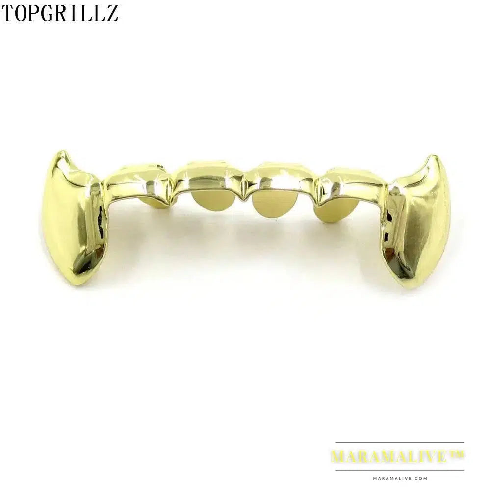 TOPGRILLZ Fang Grillz Set Gold Color Plated Half Teeth Dracula Vampire Fangs Slim Grills Gold Top & Bottom Grillz Teeth Set