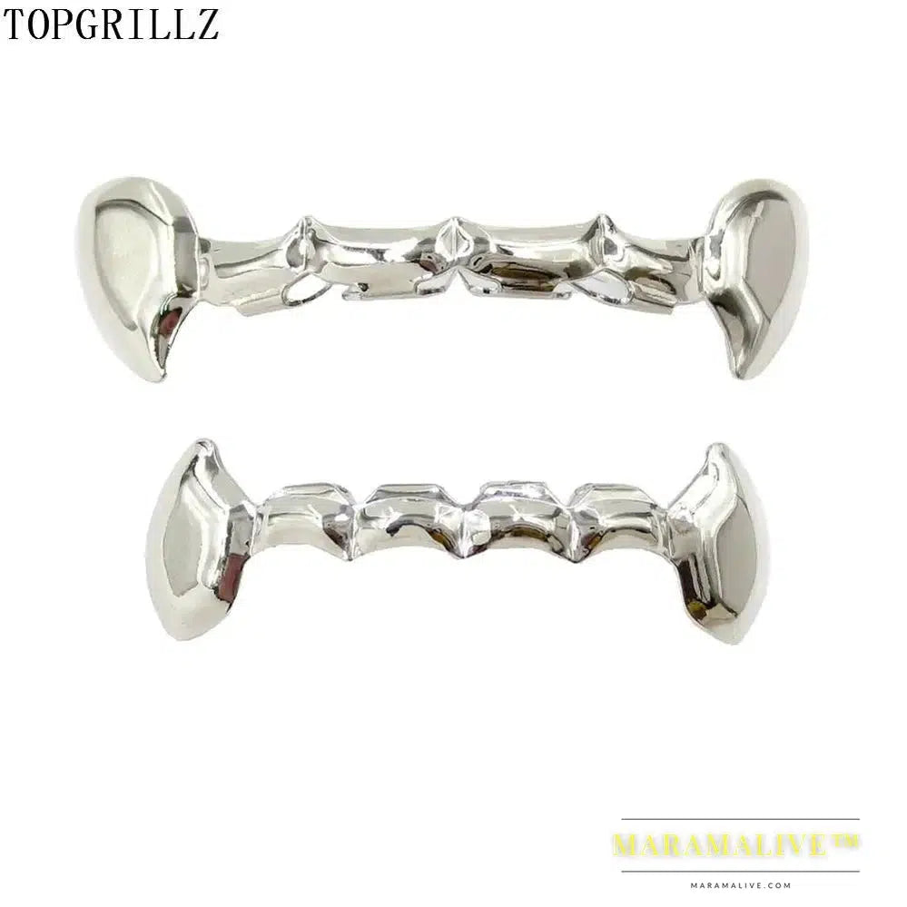 TOPGRILLZ Fang Grillz Set Gold Color Plated Half Teeth Dracula Vampire Fangs Slim Grills Gold Top & Bottom Grillz Teeth Set